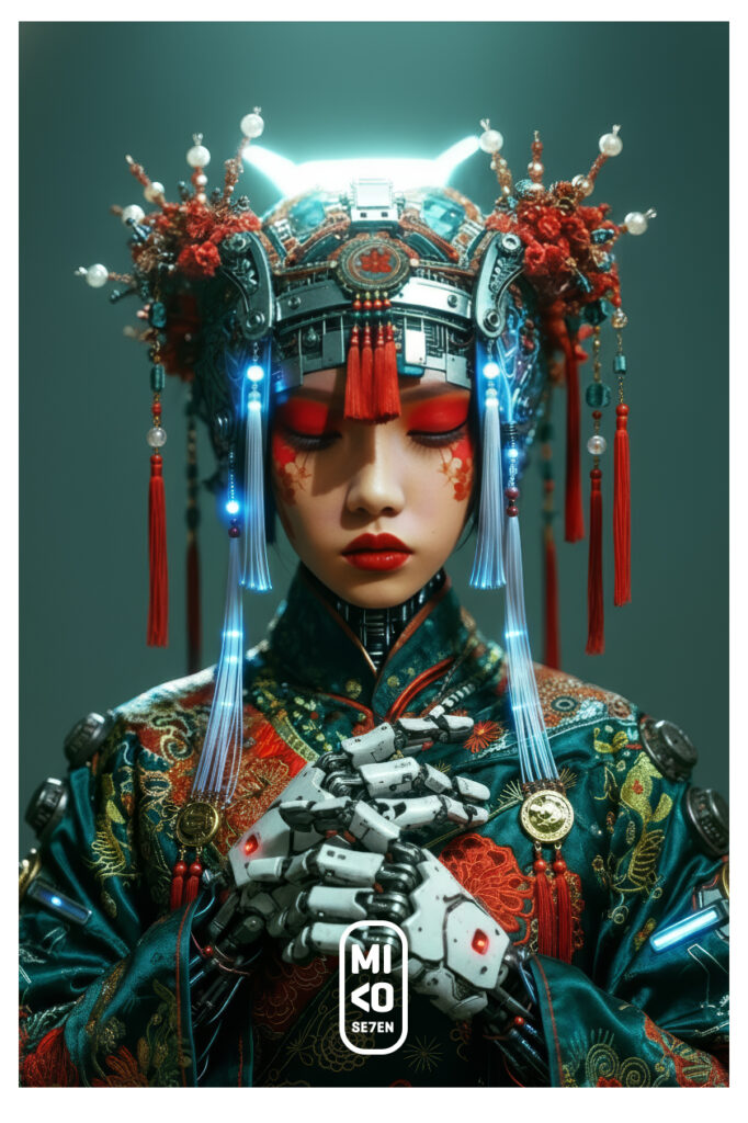 mi<o se7en — MIKO-7 Okiria, prêtresse androïde · Art génératif · Papangue Project