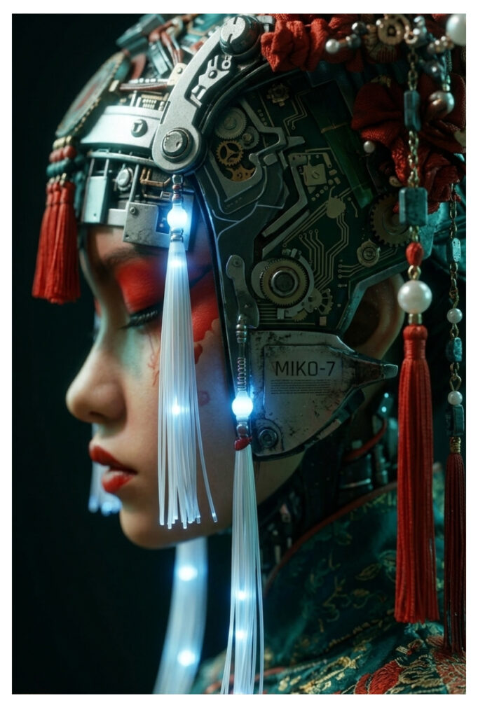 mi<o se7en — MIKO-7 Okiria, prêtresse androïde · Art génératif · Papangue Project